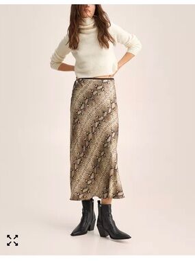 Mango Snake-Print Midi Skirt in Beige and Brown